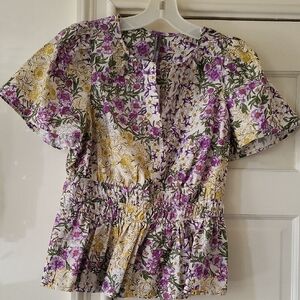 Anthropologie White Floral Peplum Top with Purple & Yellow Blossoms - Still Has